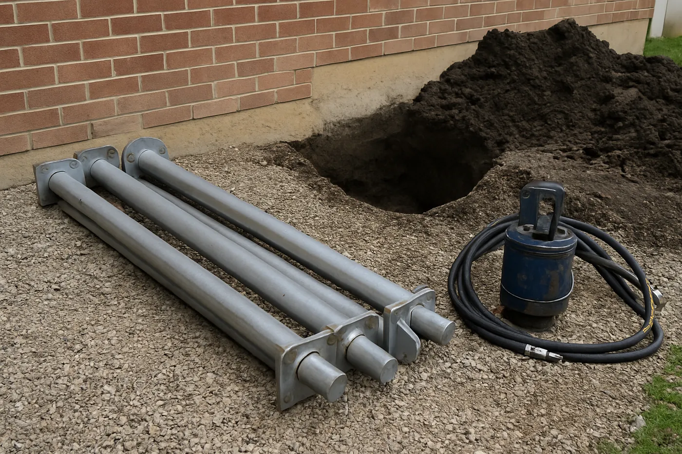 Steel push pier sections and a hydraulic drive head staged beside an excavated footing at a Tyler home